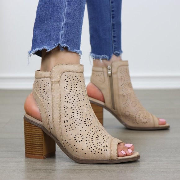 Shoes - Taupe Peep Toe Heel Sandal Bootie Laser Cut Design